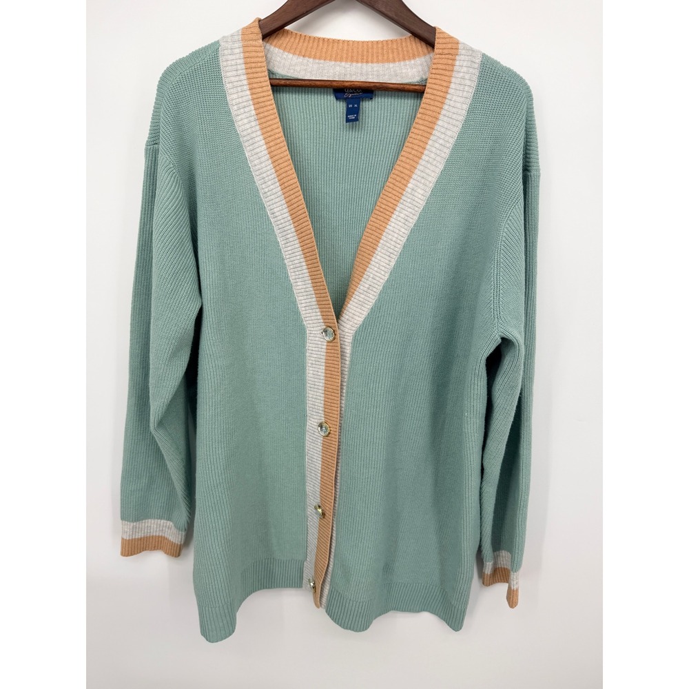 Denim & Co Cardigan Womens XL Sage Green Good Crystal Button Colorblock V-Neck